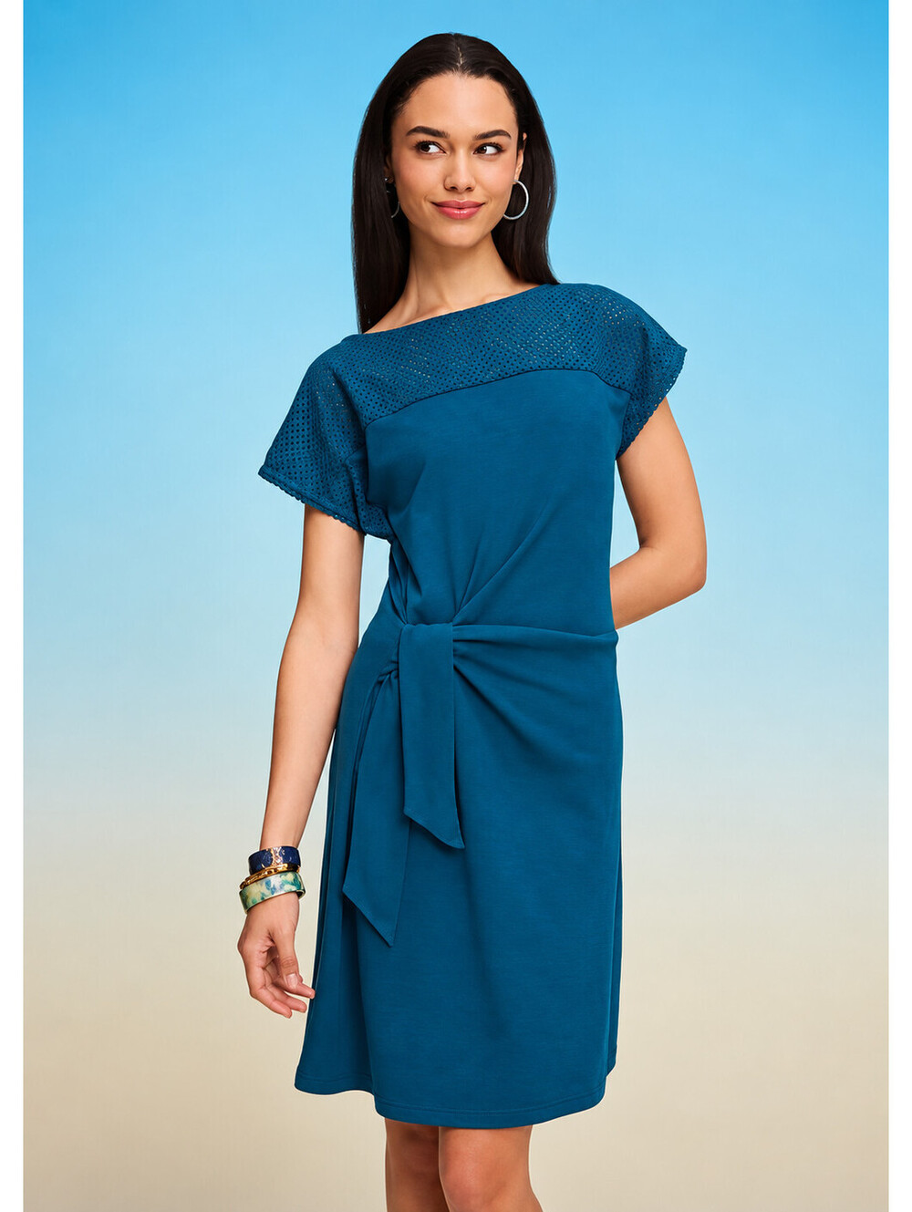 Isaac Mizrahi Live! Regular Bridgehampton Slub Knit Tie Front Dress Deep Sea, 2X